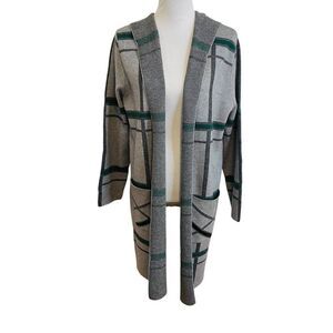 Anthropologie Oliver.O Open Front Hooded Cardigan Jacket Gray and Green Plaid Si